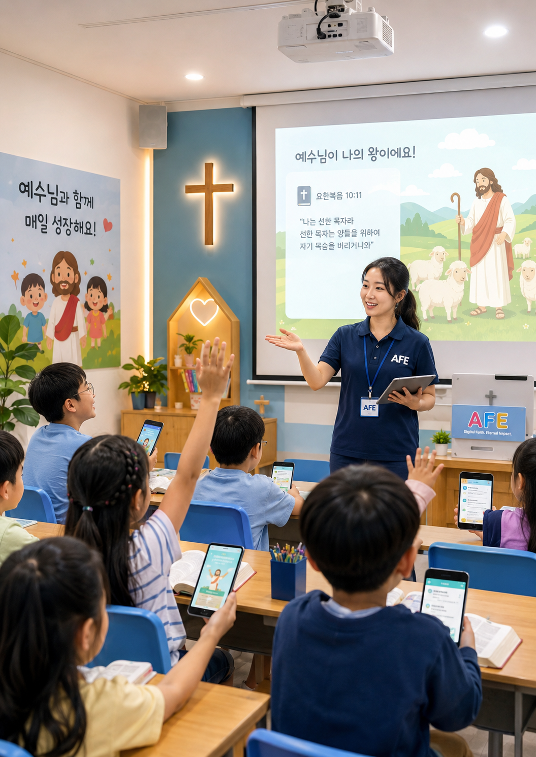 교회 교실에서 AFE 진행자가 아이들에게 말씀 학습을 안내하는 장면