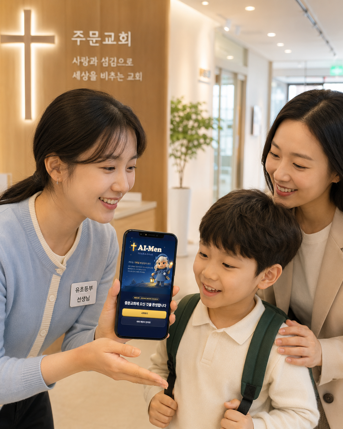 교회 로비에서 교사와 부모가 아이에게 AI-Men 앱을 소개하는 장면