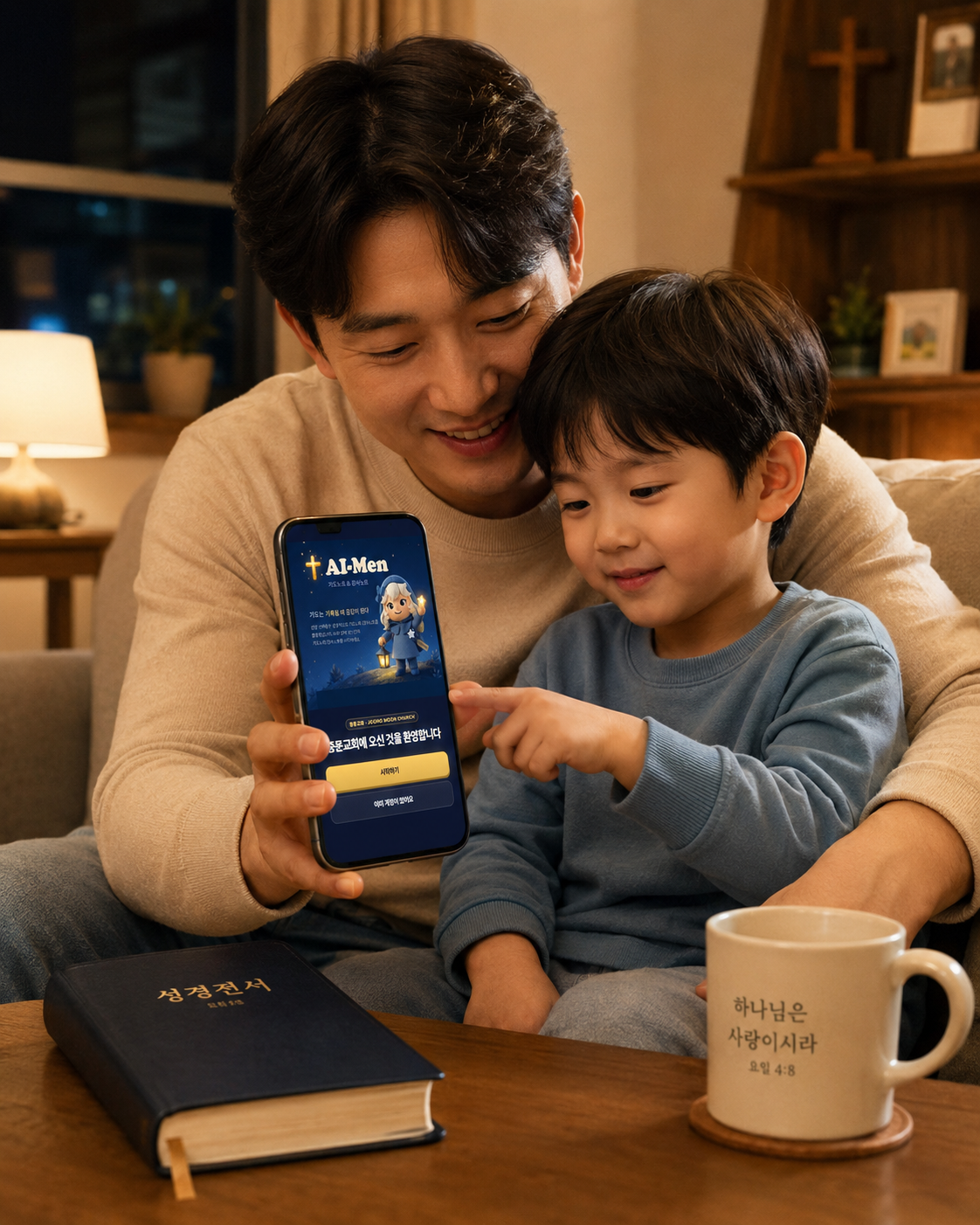 가정에서 부모와 아이가 AI-Men 모바일 앱을 함께 사용하는 장면
